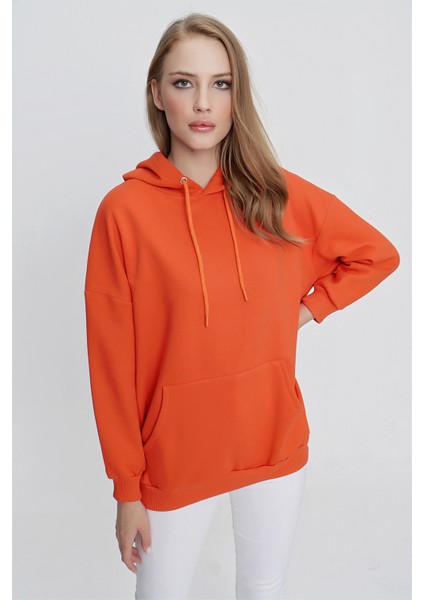 Tena Moda Kadın Koyu Orange Üç Iplik Şardonlu Kanguru Cepli Kapüşonlu Sweatshirt modelleri