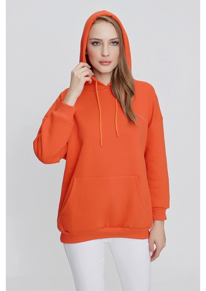 Tena Moda Kadın Koyu Orange Üç Iplik Şardonlu Kanguru Cepli Kapüşonlu Sweatshirt fırsatları