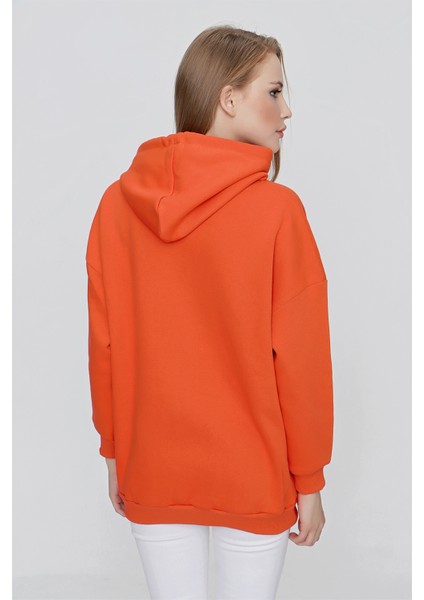 Tena Moda Kadın Koyu Orange Üç Iplik Şardonlu Kanguru Cepli Kapüşonlu Sweatshirt indirimleri