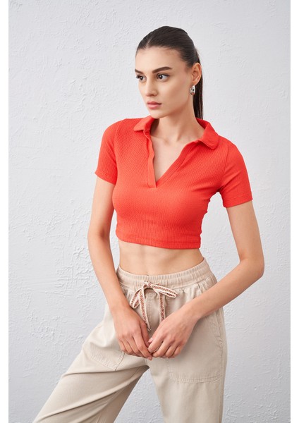 Kadın Nar Polo Yaka Bürümcük Kumaş Crop