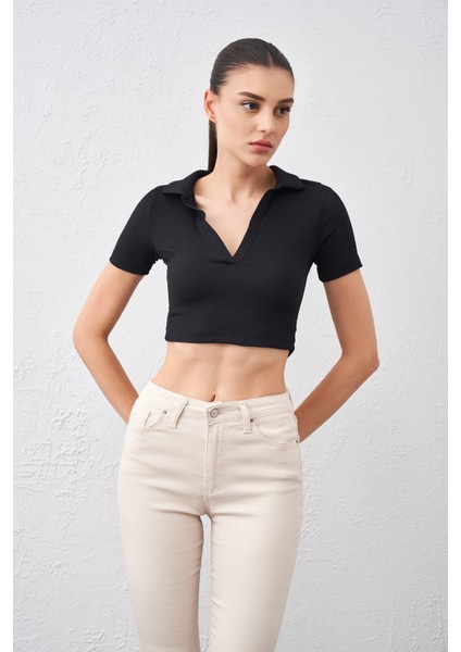 Kadın Siyah Polo Yaka Bürümcük Kumaş Crop