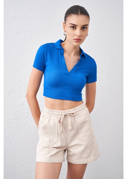 Kadın Saks Polo Yaka Bürümcük Kumaş Crop