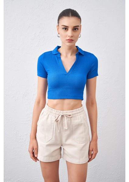 Kadın Saks Polo Yaka Bürümcük Kumaş Crop