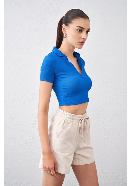 Kadın Saks Polo Yaka Bürümcük Kumaş Crop