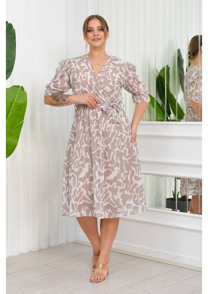 Kadın Büyük Beden Desenli Şifon Elbise NB8063 - Bej fiyatları