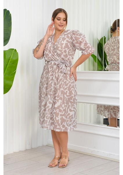 Kadın Büyük Beden Desenli Şifon Elbise NB8063 - Bej modelleri