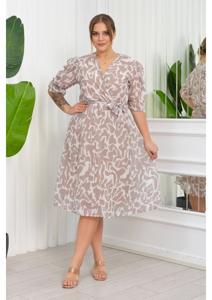 Kadın Büyük Beden Desenli Şifon Elbise NB8063 - Bej fırsatları