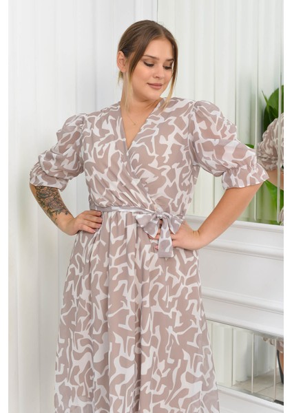 Kadın Büyük Beden Desenli Şifon Elbise NB8063 - Bej indirimleri