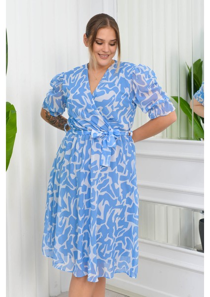 Kadın Büyük Beden Desenli Şifon Elbise NB8063 - Mavi