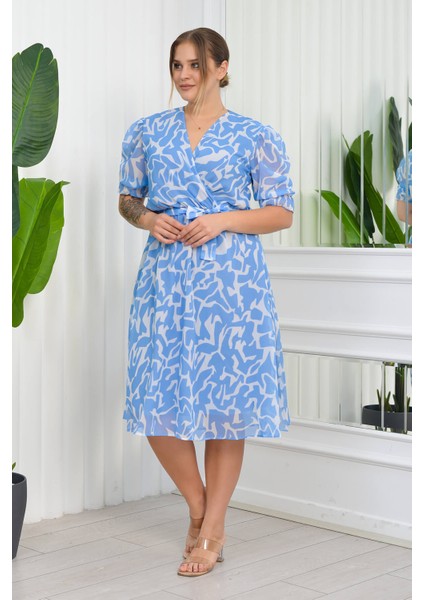 Kadın Büyük Beden Desenli Şifon Elbise NB8063 - Mavi modelleri