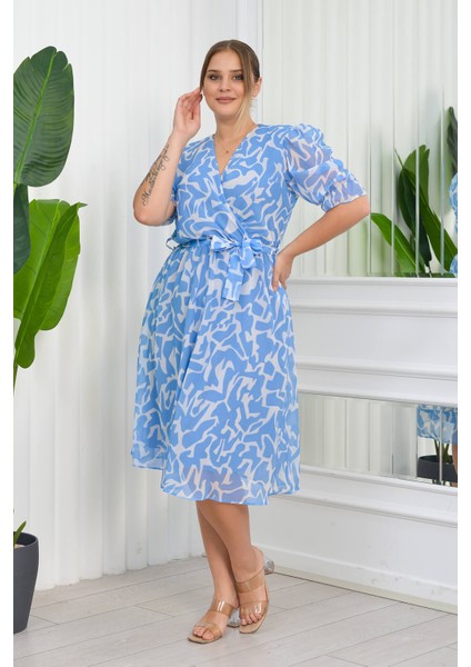 Kadın Büyük Beden Desenli Şifon Elbise NB8063 - Mavi fırsatları