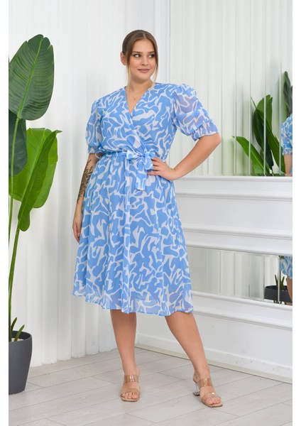 Kadın Büyük Beden Desenli Şifon Elbise NB8063 - Mavi indirimleri