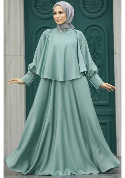 Tesettür Abiye Elbise - Pelerinli Mint Tesettür Abiye Elbise 6051MINT