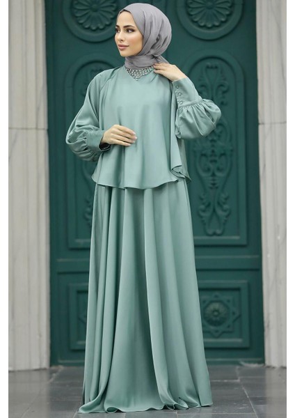 Tesettür Abiye Elbise - Pelerinli Mint Tesettür Abiye Elbise 6051MINT