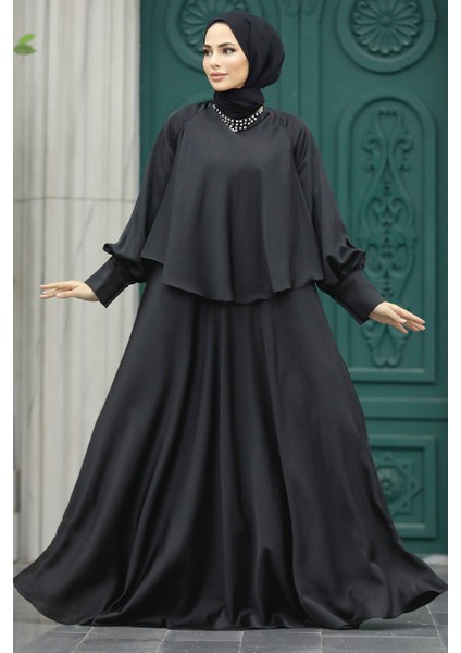 Tesettür Abiye Elbise - Pelerinli Siyah Tesettür Abiye Elbise 6051S