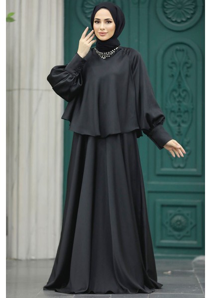 Tesettür Abiye Elbise - Pelerinli Siyah Tesettür Abiye Elbise 6051S fiyatları