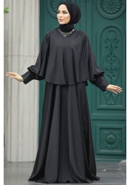 Tesettür Abiye Elbise - Pelerinli Siyah Tesettür Abiye Elbise 6051S modelleri