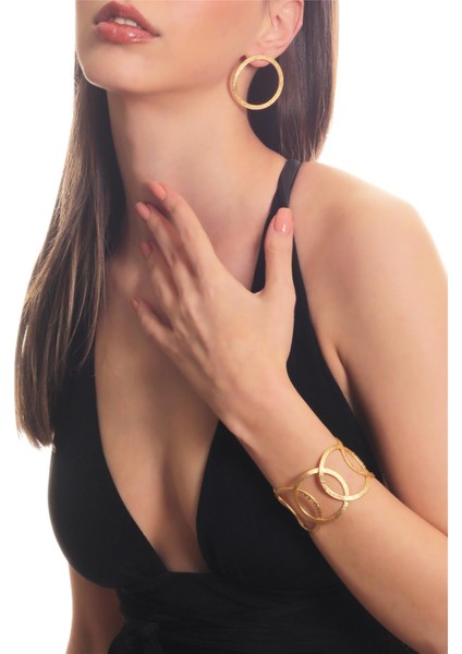 Kadın Mat Altın Kaplama Yuvarlak Formlu Geometrik Küpe & Bileklik Seti