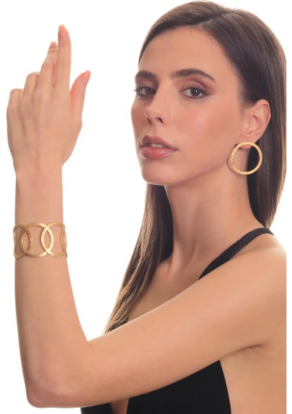Kadın Mat Altın Kaplama Yuvarlak Formlu Geometrik Küpe & Bileklik Seti fiyatları