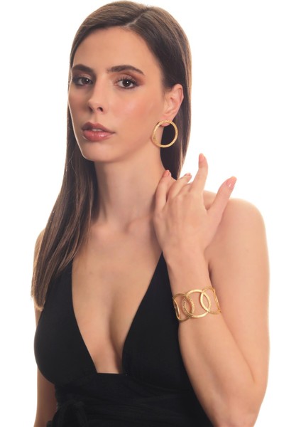 Kadın Mat Altın Kaplama Yuvarlak Formlu Geometrik Küpe & Bileklik Seti modelleri