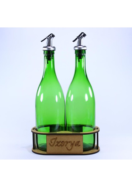 İZORYA Lazer Kesim Stantlı Zeytinyağı Şişe Seti 2’Li Yağdanlık Sosluk Sirkelik 2×750 Ml Açık Yeşil Silver Renk Akıtıcılı