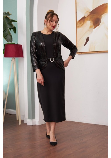 Ön Payet Detaylı Büyük Beden Uzun Siyah Elbise fiyatları