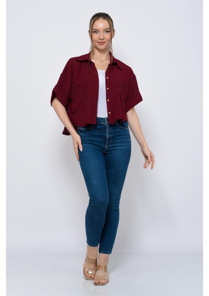Kadın Aerobin Crop Gömlek Bordo