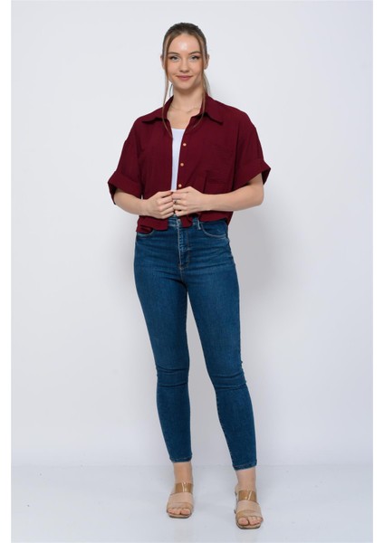 Kadın Aerobin Crop Gömlek Bordo modelleri
