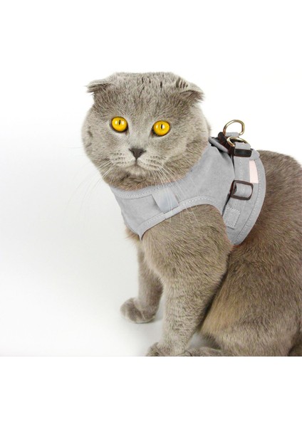 Kedi Gezdirme Tasması - Kedi Tasması Göğüs Tasma Seti Yumuşak Süet Kumaş Gri Renk