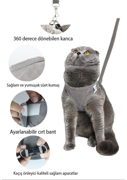 Kedi Gezdirme Tasması - Kedi Tasması Göğüs Tasma Seti Yumuşak Süet Kumaş Gri Renk