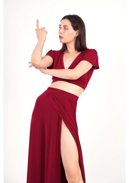 Kadın Bordo Kruvaze Yaka Yırtmaçlı Bluz - Etek Ikili Takım / Elbise fiyatları