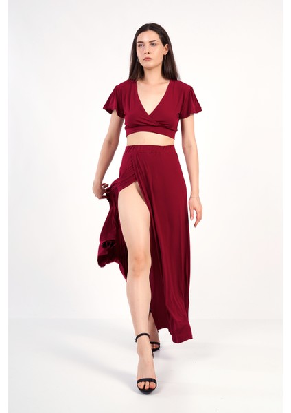 Kadın Bordo Kruvaze Yaka Yırtmaçlı Bluz - Etek Ikili Takım / Elbise