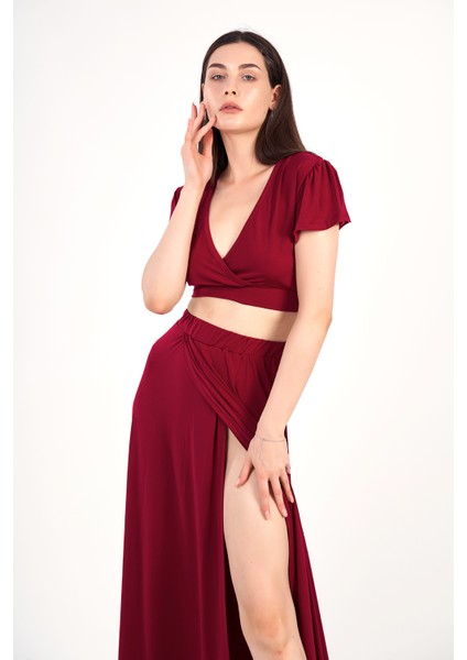 Kadın Bordo Kruvaze Yaka Yırtmaçlı Bluz - Etek Ikili Takım / Elbise modelleri