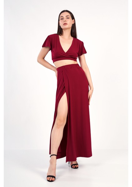 Kadın Bordo Kruvaze Yaka Yırtmaçlı Bluz - Etek Ikili Takım / Elbise fırsatları