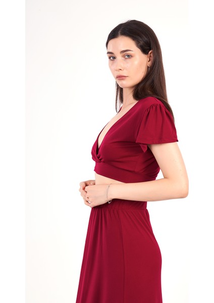 Kadın Bordo Kruvaze Yaka Yırtmaçlı Bluz - Etek Ikili Takım / Elbise indirimleri