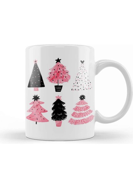 Pembe Yeni Yıl Konseptli Çam Ağaçları Kupa Bardak Porselen