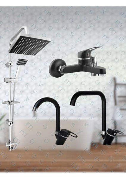 Krom Duş Sistemleri Siyah Krom Lavabo Eviye Banyo Bataryası 4'lü Set