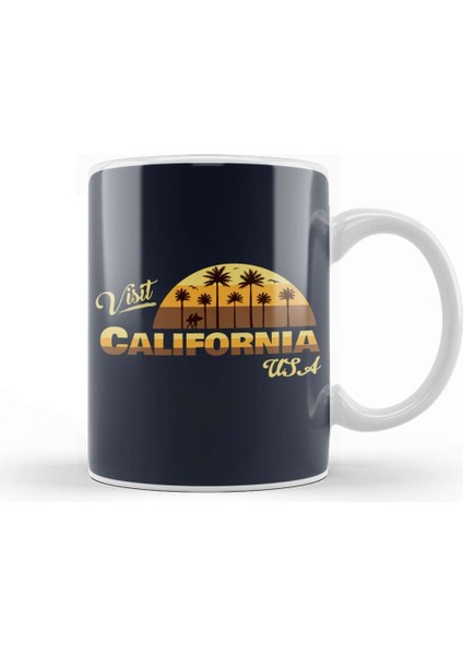 Visit California Usa Sunset Retro Font Kupa Bardak Porselen