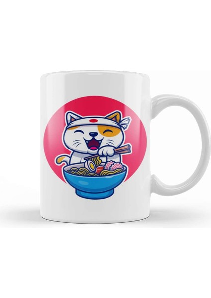 Kedi Cat Eating Ramen Noodle Kupa Bardak Porselen