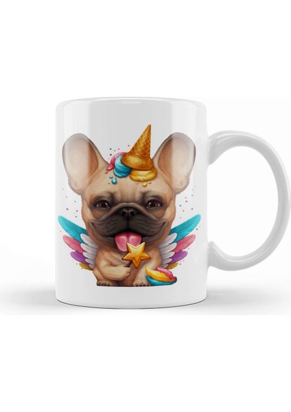 Fawn French Bulldog Ice Cream Unicorn 01 Kupa Bardak Porselen