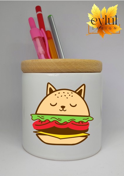 Sevimli Hamburger Özel Tasarım Baskılı Seramik Kalemlik Ahşap Detaylı