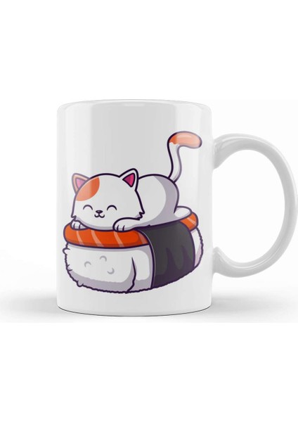 Cute Cat Sushi Salmon 05 Kupa Bardak Porselen