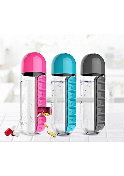 Matara Suluk 600ML 7 Gün Hap Ilaç Saklama Kutusu Water Ilaç Kutulu Kapaklı Matara Suluk