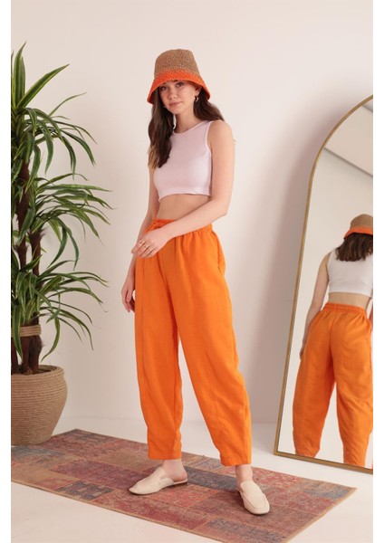 Keten Kumaş Beli Lastikli Şalvar Kadın Pantolon-Oranj fiyatları