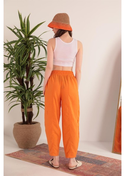 Keten Kumaş Beli Lastikli Şalvar Kadın Pantolon-Oranj modelleri