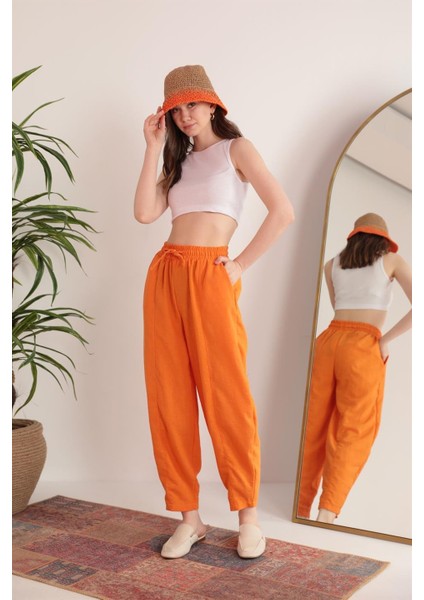 Keten Kumaş Beli Lastikli Şalvar Kadın Pantolon-Oranj fırsatları