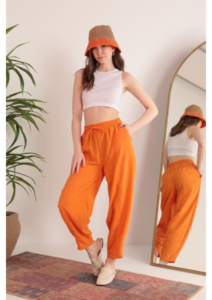 Keten Kumaş Beli Lastikli Şalvar Kadın Pantolon-Oranj indirimleri