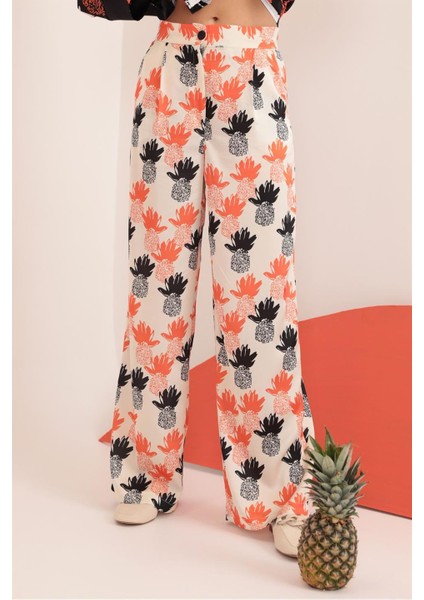 Kobe Saten Kumaş Ananas Desen Kadın Pantolon-Oranj fiyatları