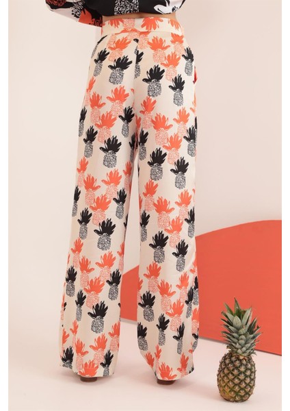 Kobe Saten Kumaş Ananas Desen Kadın Pantolon-Oranj modelleri