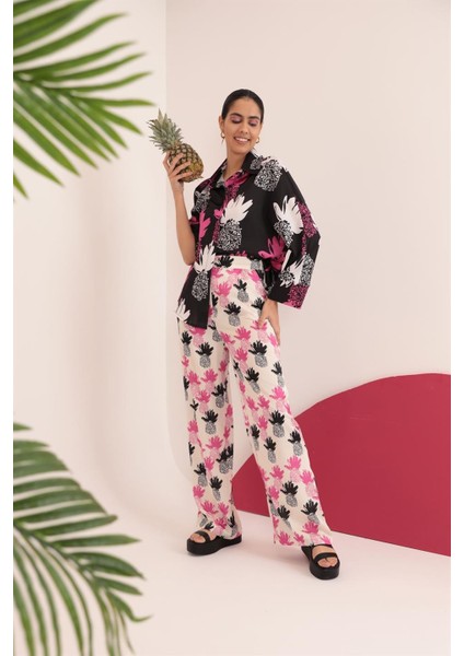 Kobe Saten Kumaş Ananas Desen Kadın Pantolon-Fuşya